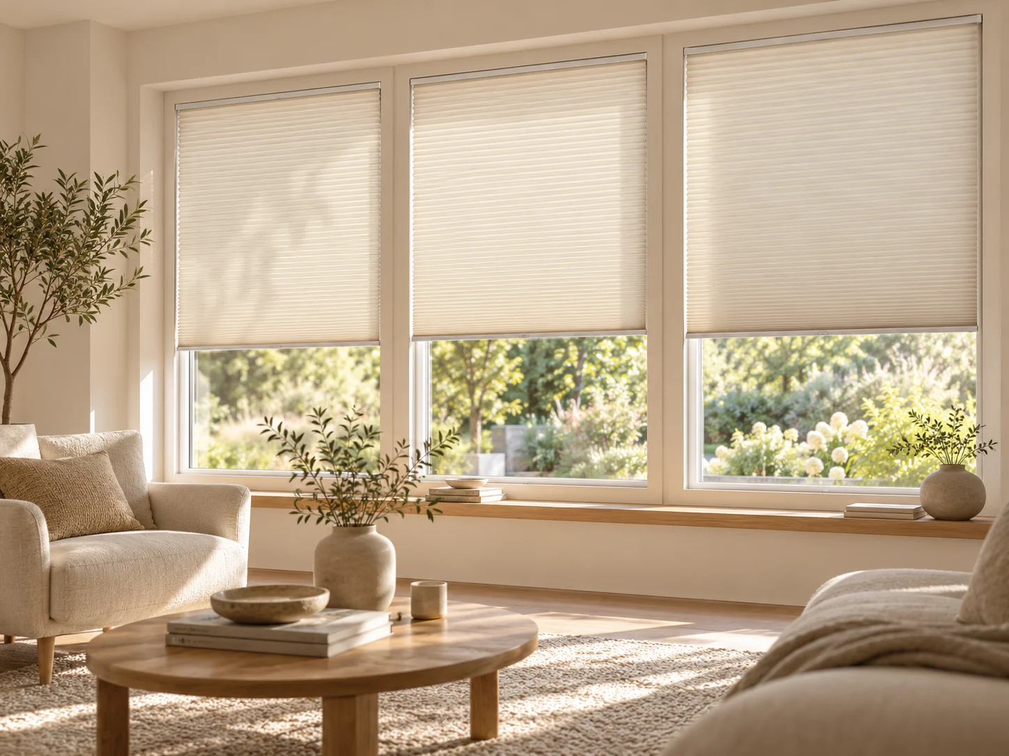 Helles Wohnzimmer mit cremefarbenen Plissees und Blick in den Garten